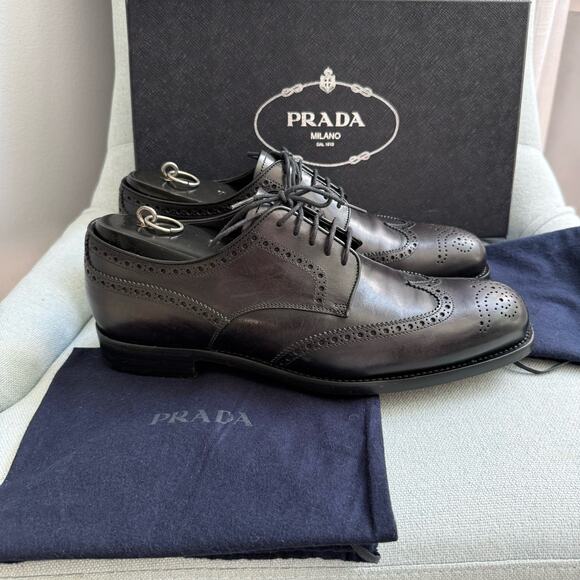 Prada Wingtip Derby Full Brogue Leather Shoes Black 2eb122 Men\'s 8 Authentic main image 9